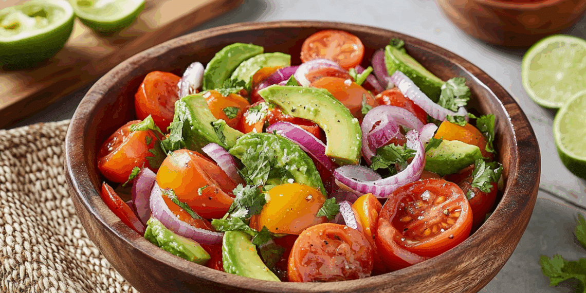 wooden bowl filled with tomatos, onions, avocado, and cucumbers
